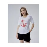 YXL COLLECTION Kadın Büyük Beden Çapa(MARİN) Nakışlı Sim Dikişli Likralı Kısa Kollu Anne Tişört Bluz - Beyaz Beyaz 48