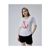 YXL COLLECTION Kadın Büyük Beden Çapa(MARİN) Nakışlı Sim Dikişli Likralı Kısa Kollu Anne Tişört Bluz - Beyaz
