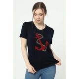 YXL COLLECTION Kadın Büyük Beden Çapa(MARİN) Nakışlı Sim Dikişli Likralı Kısa Kollu Anne Tişört Bluz - Lacivert Lacivert 38