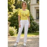 YXL COLLECTION Kadın Büyük Beden Likralı Bisiklet Yaka Çiçek Bisiklet Baskılı Kısa Kollu Anne Tişört Penye Bluz Sarı 40