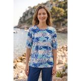 YXL COLLECTION Kadın Büyük Beden Likralı Bisiklet Yaka Çiçekli Çizgili Kısa Kollu Anne Tişört Penye Bluz