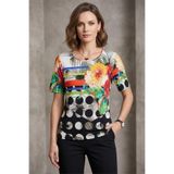 YXL COLLECTION Kadın Büyük Beden Likralı Bisiklet Yaka Çiçekli Geometrik Desenli Kısa Kollu Anne Tişört Penye Bluz Çok Renkli XL