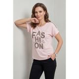 YXL COLLECTION Kadın Büyük Beden Likralı Bisiklet Yaka Düşük Omuz Taş Baskı Desenli Anne Tişört Penye Bluz Pembe 2XL