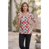 YXL COLLECTION Kadın Büyük Beden Likralı Bisiklet Yaka Taşlı Mix Desenli Kısa Kollu Anne Tişört Penye Bluz Çok Renkli 46