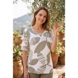 YXL COLLECTION Kadın Büyük Beden Likralı Bisiklet Yaka Yaprak Desenli Kısa Kollu Anne Tişört Penye Bluz