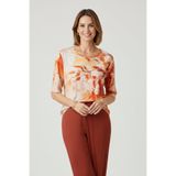 YXL COLLECTION Kadın Büyük Beden Likralı Biskiklet Yaka Çiçek Desenli Varak Baskılı Kısa Kollu Anne Tişört Bluz Turuncu 40
