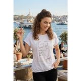 YXL COLLECTION Kadın Büyük Beden Likralı Biskiklet Yaka Düşük Omuz Taş Baskı Desenli Anne Tişört Penye Bluz Beyaz 42