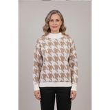 YXL COLLECTION Kadın Büyük Beden Likralı Dik Yaka Düşük Omuzlu Desenli Sakallı Yumuşak Kazak Anne Bluz Bej M