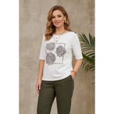 YXL COLLECTION Kadın Büyük Beden Likralı Kayık Yaka Omuz Garnili Baskılı Desenli Kısa Kollu Anne Tişört Penye Bluz