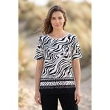 YXL COLLECTION Kadın Büyük Beden Likralı Kayık Yaka Omuz Garnili Zebra Desenli Kısa Kollu Anne Tişört Penye Bluz