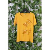 YXL COLLECTION Kadın Büyük Beden Likralı Sim Baskılı Kısa Kollu Anne Tişört Bluz - Hardal Hardal 46