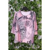 YXL COLLECTION Kadın Büyük Beden Likralı Taşlı Karışık Desen Truvakar Kol (4 Mevsimlik) Anne Tişört Bluz - Pembe Pembe 38