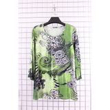 YXL COLLECTION Kadın Büyük Beden Likralı Taşlı Karışık Desen Truvakar Kol (4 Mevsimlik) Anne Tişört Bluz - Yeşil Yeşil 40