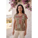 YXL COLLECTION Kadın Büyük Beden Likralı V Yaka Çizgi Desenli Etek Ucu Lastikli Kısa Kollu Anne Tişört Penye Bluz
