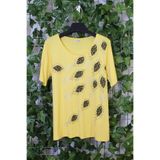 YXL COLLECTION Kadın Büyük Beden Likralı Yaprak Sim Baskılı Kısa Kollu Anne Tişört - Sarı Sarı 46