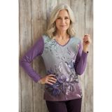 YXL COLLECTION Kadın Büyük Beden Mor V Yaka Dijital Çiçek Baskılı Taş İşlemeli Uzun Kollu Likralı Anne Penye Bluz Mor 48