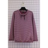 YXL COLLECTION Kadın Büyük Beden Yaka Bağcıklı Uzun Kol Eteği Lastikli Çizgili Mevsimlik Sweatshirt Mor 48