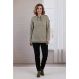 YXL COLLECTION Kadın Büyük Beden Yaka Bağcıklı Uzun Kol Eteği Lastikli Çizgili Mevsimlik Sweatshirt Zeytin Yeşili 36