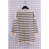 YXL COLLECTION Oversize Bisiklet Yaka Kol Manşeti Gold Düğmeli Çizgili Triko Kazak Tunik - Çizgili Bej S/M