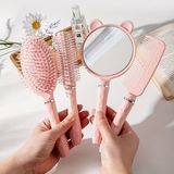 YYB Yastık Tarak Seti Hd Ayna Makyaj Styling Ayna ile Iğneli Fırça Plastik Kolu Kuaför Tarak - Pembe