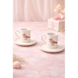 YzHome 2 Kişilik Beyaz Porselen Pembe Kuşlu Kahve Fincan Takımı, 100ml yz.kuşfincan