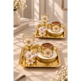 YzHome 2 Kişilik Porselen Gold Lotus Kahve Fincan Takımı Seti Kahve Yanı Bardak - Metal Sunum Tepsi - Porselen Lokumluk - Metal Tepsi