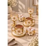 YzHome 2 Kişilik Porselen Gold Lotus Kahve Fincan Takımı Seti Kahve Yanı Bardak - Porselen Lokumluk