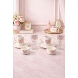 Yzhome 2 Kişilik Porselen Kurdele Fincan Takımı Seti ve 2 Adet Porselen Kurdele Lokumluk ve 2 Cam Bardak - Pembe