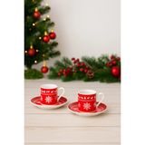 Yzhome 2 Kişilik Porselen Yılbaşı Desenli Kahve Fincan Takımı Seti Hediyelik 90ML - Kırmızı