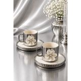 Yzhome 2 Li Porselen Çizgili Model Lüks Lotus Kahve Fincan Takımı Seti 100 ml Gümüş Renk