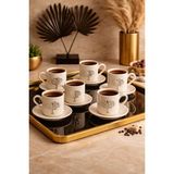 Yzhome 6 Kişilik 12 Parça Porselen Hayat Ağacı Platin Gümüş Kabartma Motif Kahve Fincan Takımı 100 ml - Beyaz