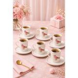 YzHome 6 Kişilik Beyaz Porselen Pembe Kuşlu Kuş Figürlü Kahve Fincan Takımı Seti 100ml