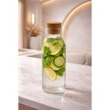 YzHome Mantar Kapaklı 1 Litre Cam Detoks Matara, Su Şişesi, 28cm