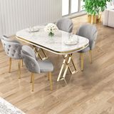 Zae Serisi 90X168 Lak Panel Beyaz Mermer Desen Gold Ayak Masa Takımı 4 Gri Sandalye