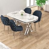 Zae Serisi 90X168 Lak Panel Beyaz Mermer Desen Krom Ayak Masa Takımı 4 Antrasit Sandalye