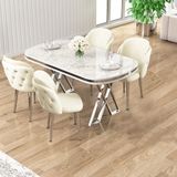 Zae Serisi 90X168 Lak Panel Beyaz Mermer Desen Krom Ayak Masa Takımı 4 Krem Sandalye