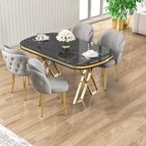 Zae Serisi 90X168 Lak Panel Siyah Mermer Desen Gold Ayak Masa Takımı 4 Gri Sandalye