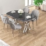 Zae Serisi 90X168 Lak Panel Siyah Mermer Desen Krom Ayak Masa Takımı 4 Gri Sandalye