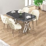 Zae Serisi 90X168 Lak Panel Siyah Mermer Desen Krom Ayak Masa Takımı 4 Sandalye - Krem