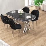 Zae Serisi 90X168 Lak Panel Siyah Mermer Desen Krom Ayak Masa Takımı 4 Siyah Sandalye