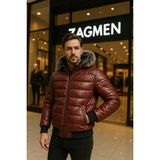 Zagmen Erkek Kürk Yaka Şişme Suni Deri Mont - Bordo