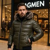 Zagmen Erkek Kürk Yaka Şişme Suni Deri Mont - Haki