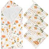 Zainpe 4 Adet Muslin Bebek Kapüşonlu Havlu ve Lif Seti Çiçekler Yumuşak Emici Banyo Havluları Pamuk El Havluları Bebek Duş Hediyeleri Yenidoğan Küçük Yürümeye Başlayan Erkek Kız Besleme Diş Çıkarma