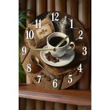 Zamanın Klasik Lezzeti Kahve Temalı Sessiz Yuvarlak Ahşap Duvar Saati, Kuvars Coffe 2d Sdw2012 Renkli