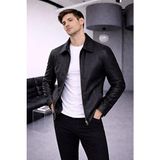 Zamansız Stil Basic Deri Ceket Erkek Slim Fit Uzun Kol Suni Deri Casual Siyah Çift Cepli