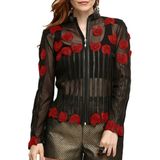 Zamback Güllü Şeritli Deri Aplikeli Kadın Korsaj Ceket - Kırmızı - 2XL