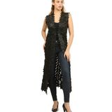 Zamback Hakiki Deri'den 130CM. Yaprak Desenli Kadın Yeleği - Siyah - 3XL