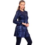 Zamback Hakiki Deri'den Püskülü Şeritli Kadın Uzun Ceketi - Lacivert - 2XL