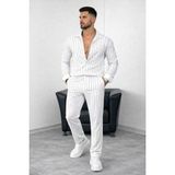 Zamerya Erkek Çizgili Krep Kumaş Krem Gömlek Pantolon Alt Üst Takım Uzun Kollu - Beyaz - 2XL