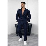 Zamerya Erkek Çizgili Krep Kumaş Krem Gömlek Pantolon Alt Üst Takım Uzun Kollu - Lacivert - 2XL